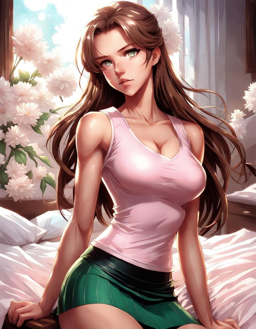 Anime Style Woman in Bedroom with Flowers