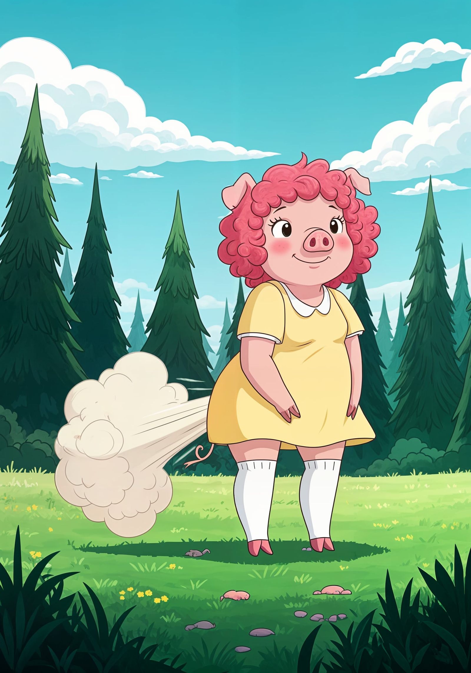 Cute Cartoon Pig Girl Farting in Green Field