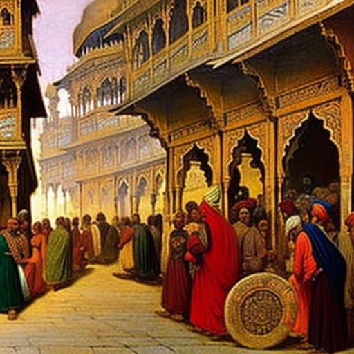 Vibrant Medieval Indian Marketplace, Fine Art Painting
