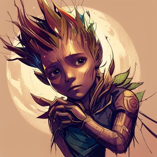 Groot with Golden Outlines: Digital Concept Art