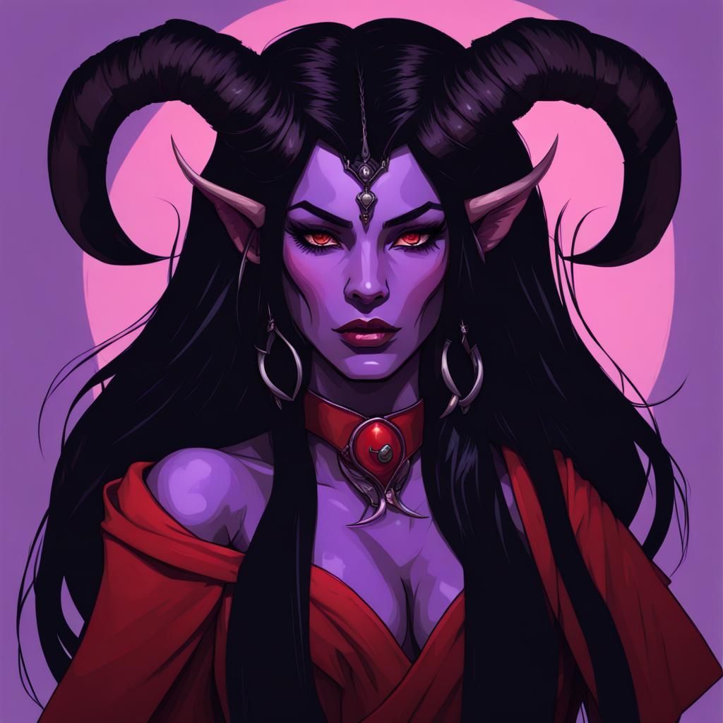 Tiefling Woman with Black Horns and Colorful Skin