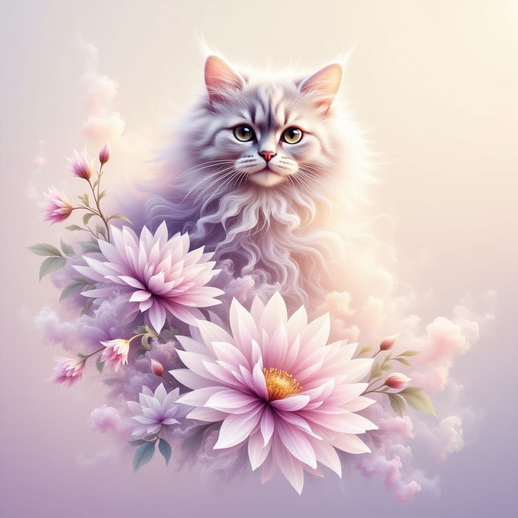 Fluffy Lilac Cat Floats Above Chrysanthemum in Surreal Paint...