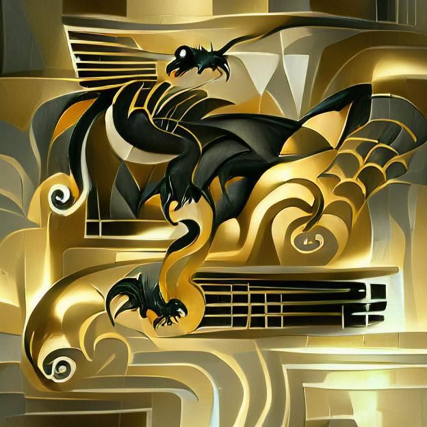 Art Deco Black and Gold Dragon Illustration