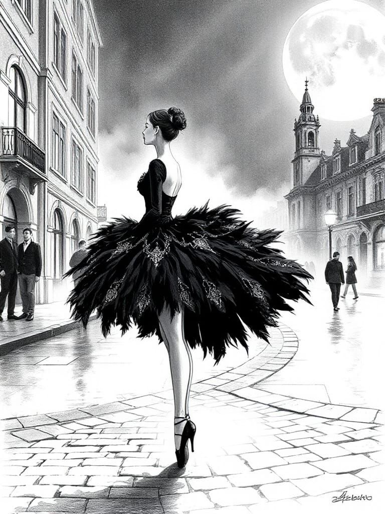 Black Swan Ballerina: Art Nouveau Ink Drawing