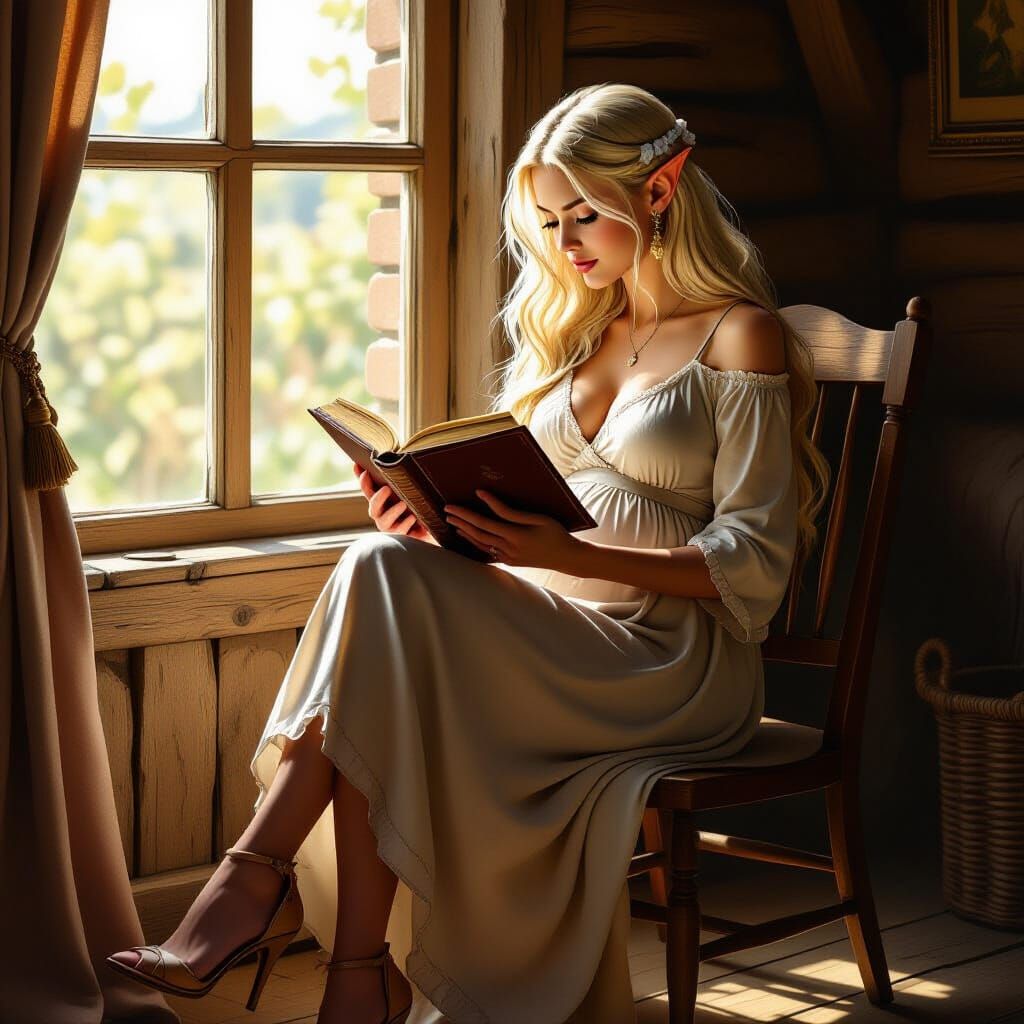 Elegant Elf Reading in Medieval Home, Digital Painting