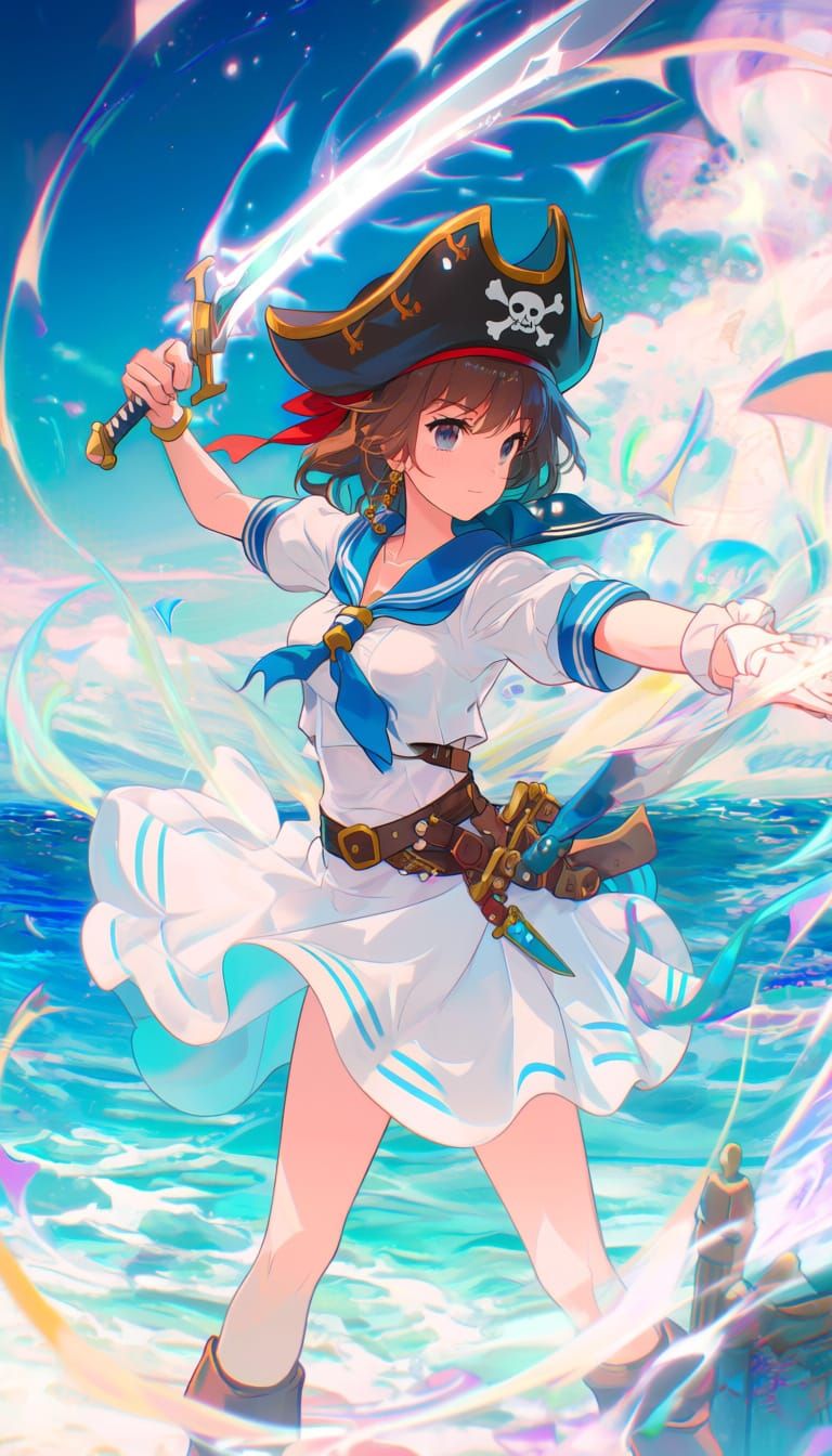 Magical Pirate Girl Wielding Glowing Sword in Anime Style