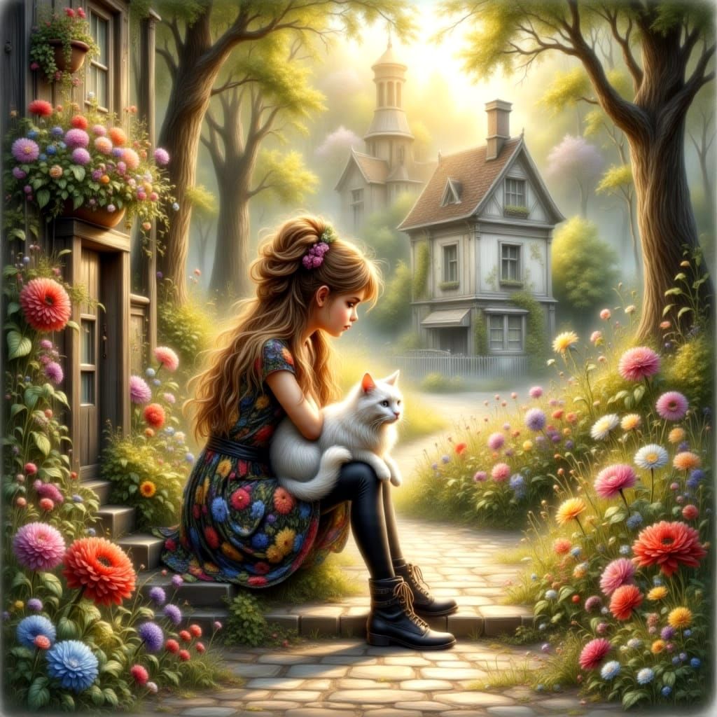 Young Girl and Cat Pondering in Garden