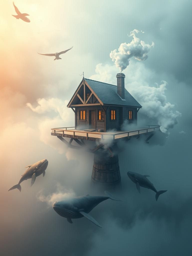Floating House in Fog with Whales