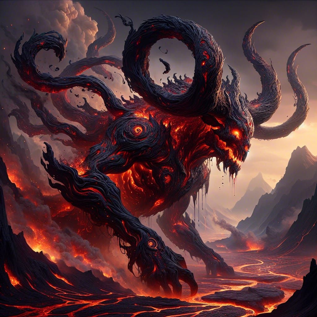 Lava Minotaur Emerges from Volcano in Fantasy Art