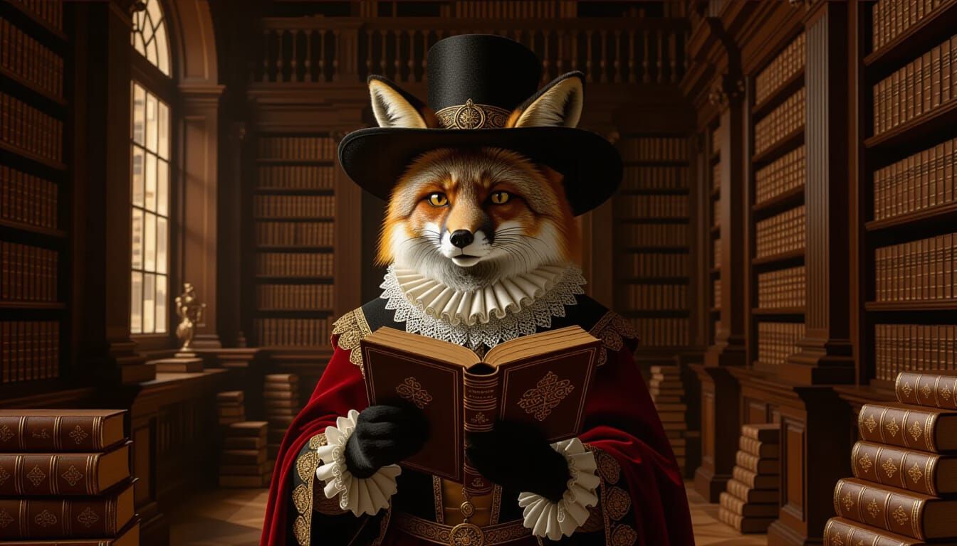 Fox Librarian with Book Hat in Dutch Golden Age Style