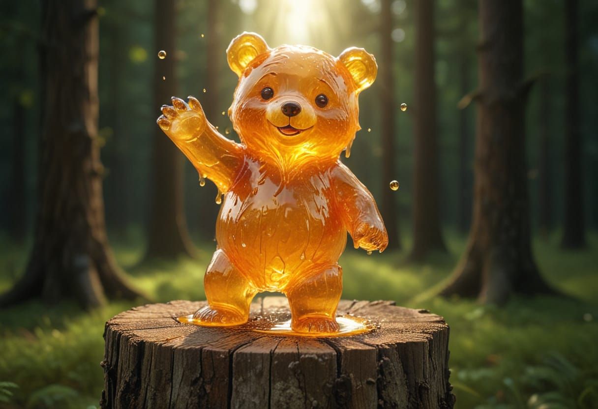 Cute Honey Bear Dancing on Forest Stump