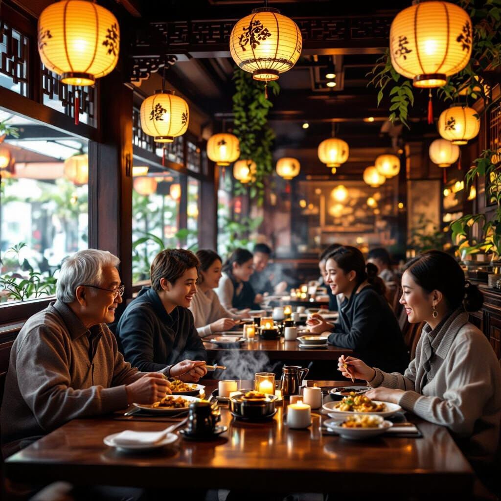 Cozy Asian Restaurant with Warm Lighting in 3D