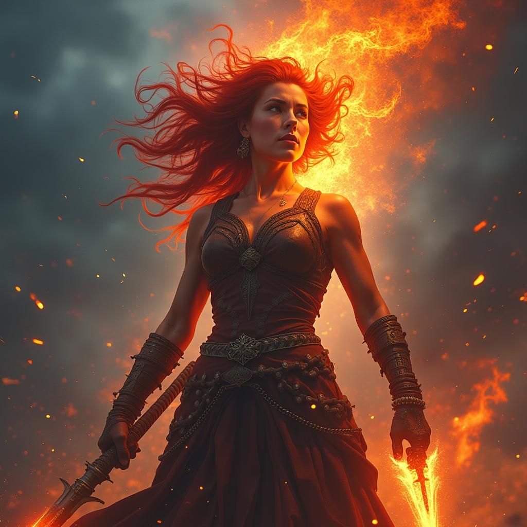 Fiery Haired Warrior in Gothic Dreamscape