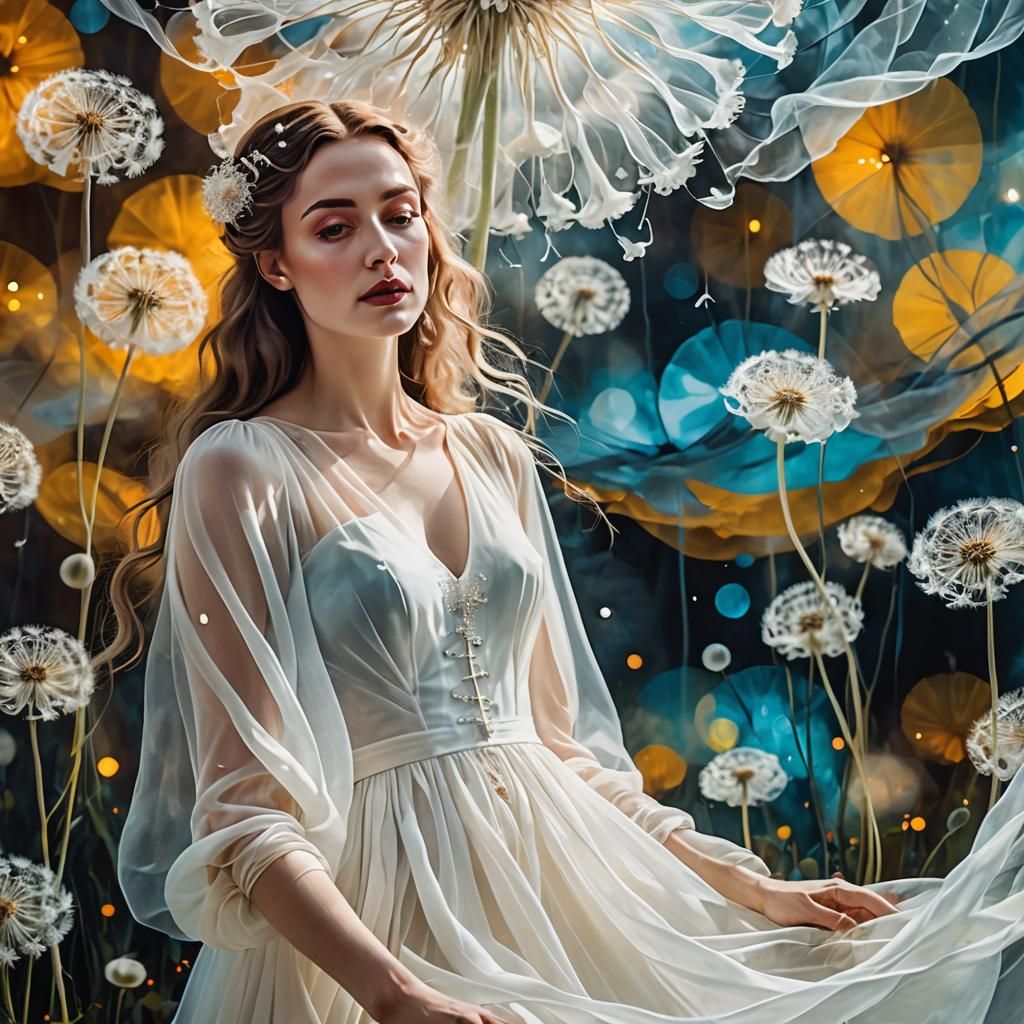 Ethereal Woman in Dandelion Dreamscape: Surreal Portrait