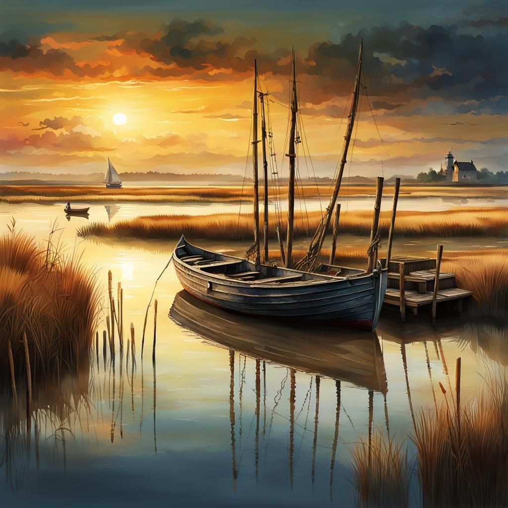 Estuary Sunset: Classic Sailboats in Watercolor