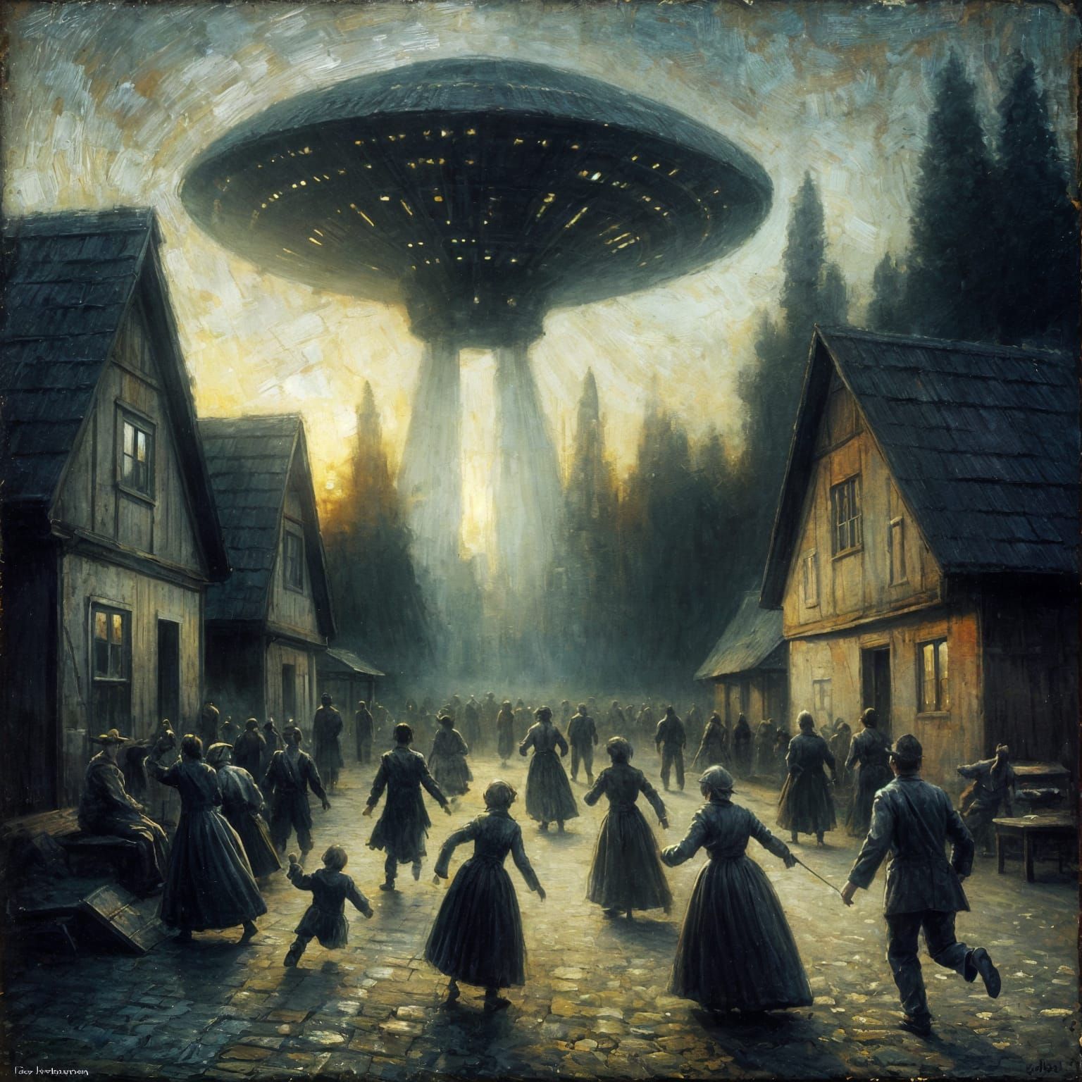 1950s Village Sees Alien Ship as Digital Oil Painting