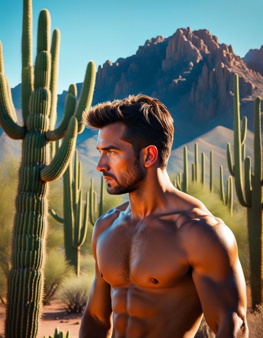 Sonoran Desert: Man Photographing Saguaro in Hyperrealism