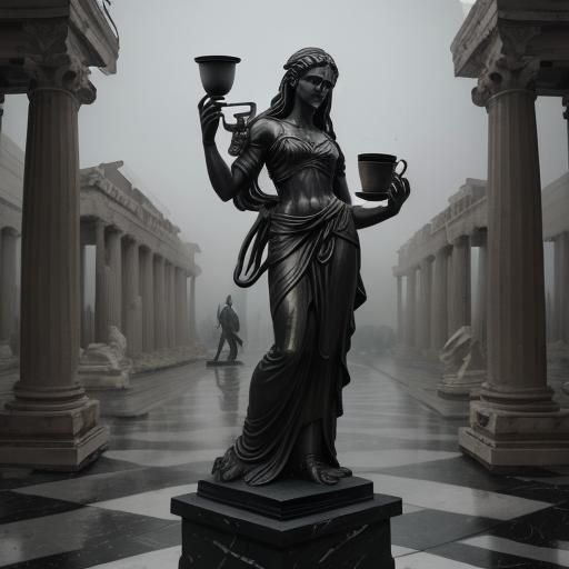 Gothic Coffee Shop with Marble Statues in Black and White