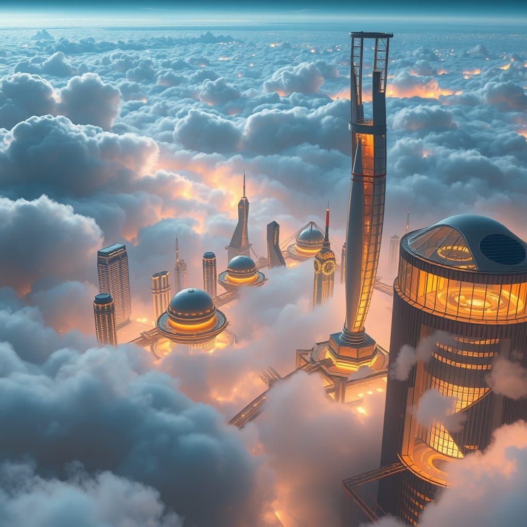 Futuristic City Blends with Luminous Clouds in Organic-Inspi...