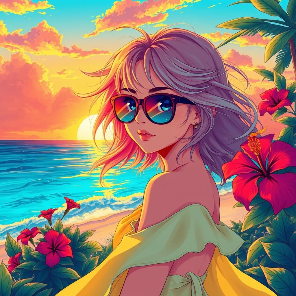 Retro 80s Anime Girl at Sunset