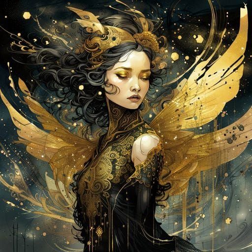 Black and Gold Valkyrie in Ink Flow Art