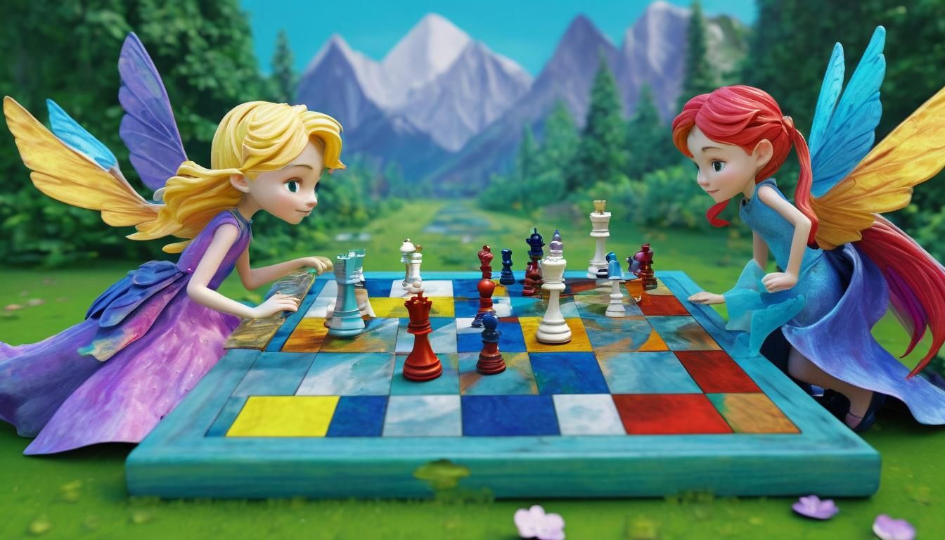 Fairies playing Chess on a colourful board
Moving the pieces by flying them to their new place