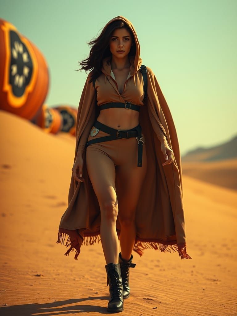 Stunning Arab Fashion Model on Desert Runway in Futuristic A...