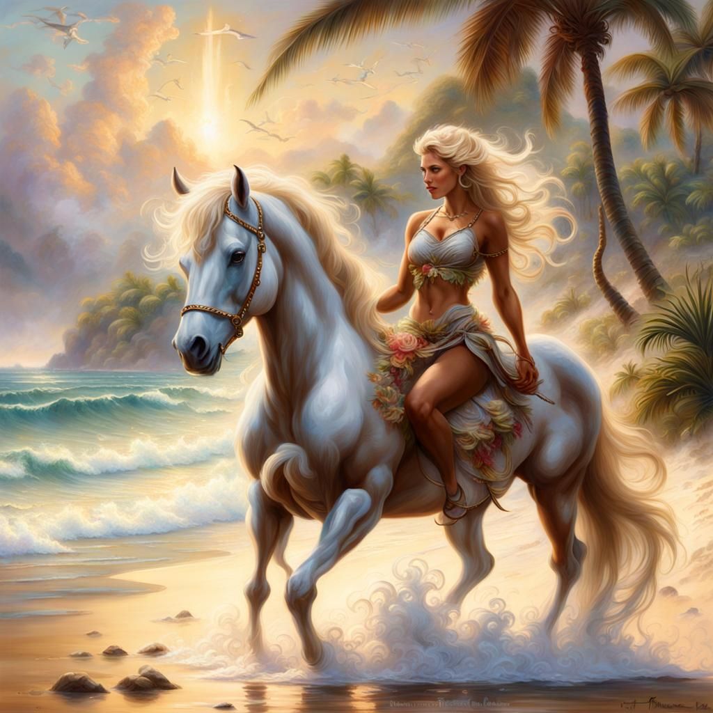 Blonde Centaur on Tropical Beach in Ethereal Style