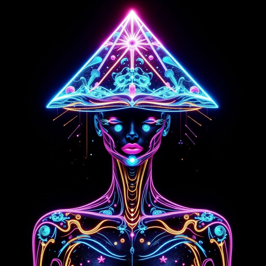 Android in Pyramid Helmet Channels Cosmic Energy in Blueprin...