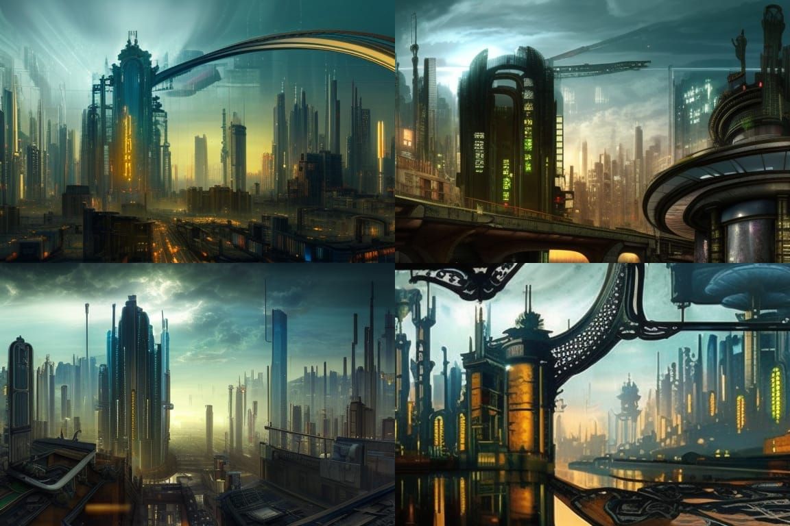Dystopian City: Cyberpunk Art Nouveau Architecture