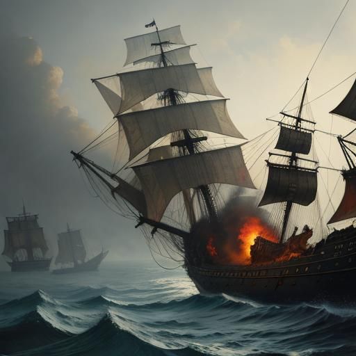 Flaming Pirate Ship Adrift in a Horror Style