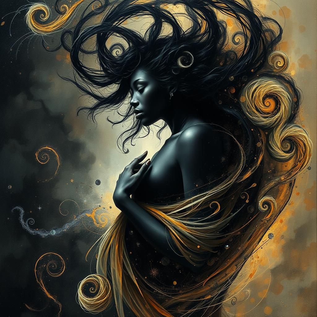 Ethereal Ebony Figure in Fractal Swirls