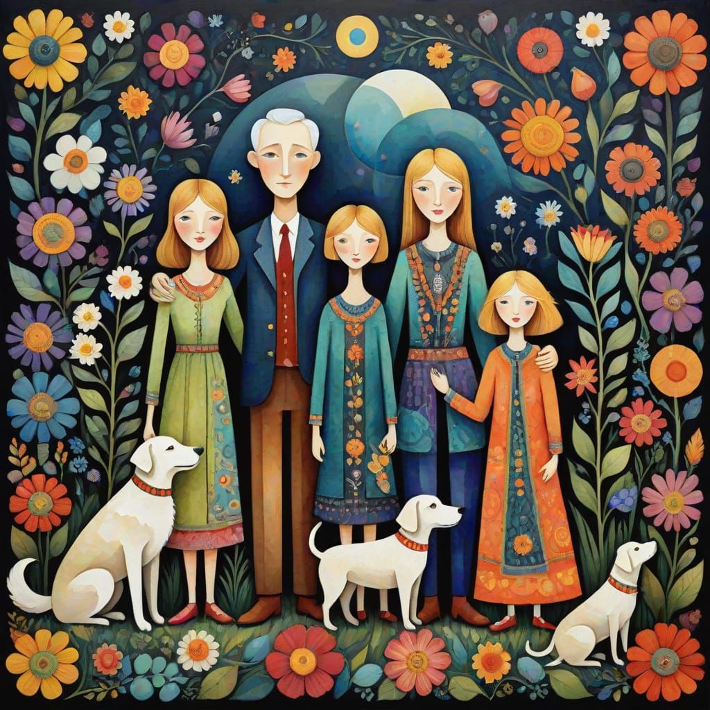 Vibrant Cubist Family Portrait in Folk Art Style