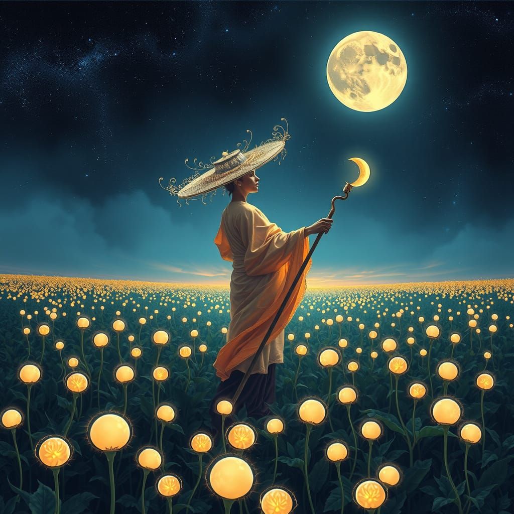 Lunar Farmer Harvesting Glowing Moons in Dreamlike Field