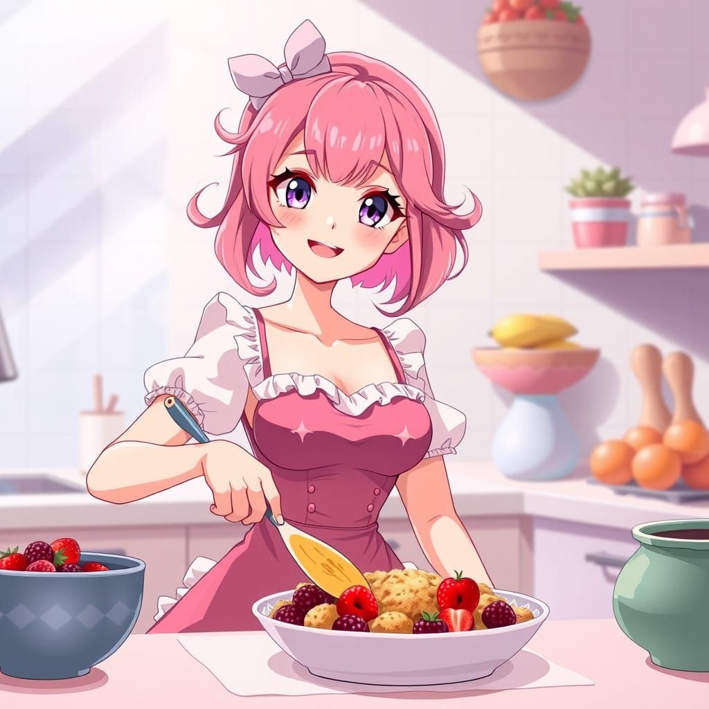 Pink Haired Baker Creates Delicious Fruit Crumble