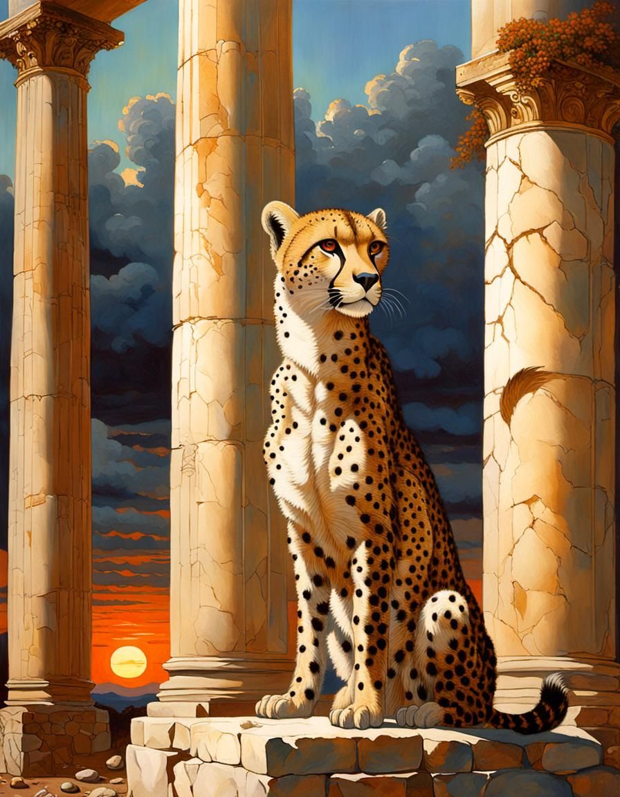 Cheetah Woman in Ruined Temple, Parrish Style