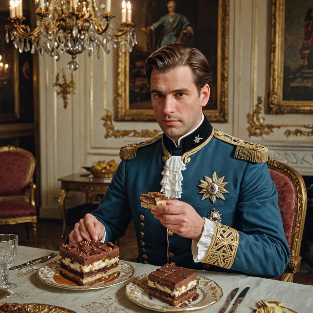 Regal Figure Enjoys Cake in Aristocratic Setting
