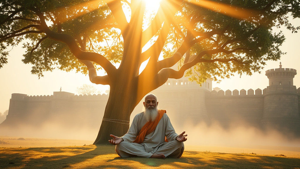 Meditating Sage Under Akshayavat Tree in Golden Light