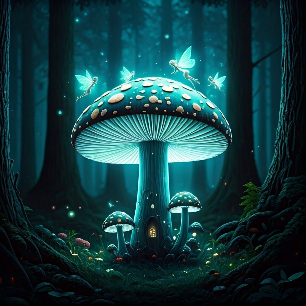 Mushroom Silhouette with Fairies in Fantasy Night