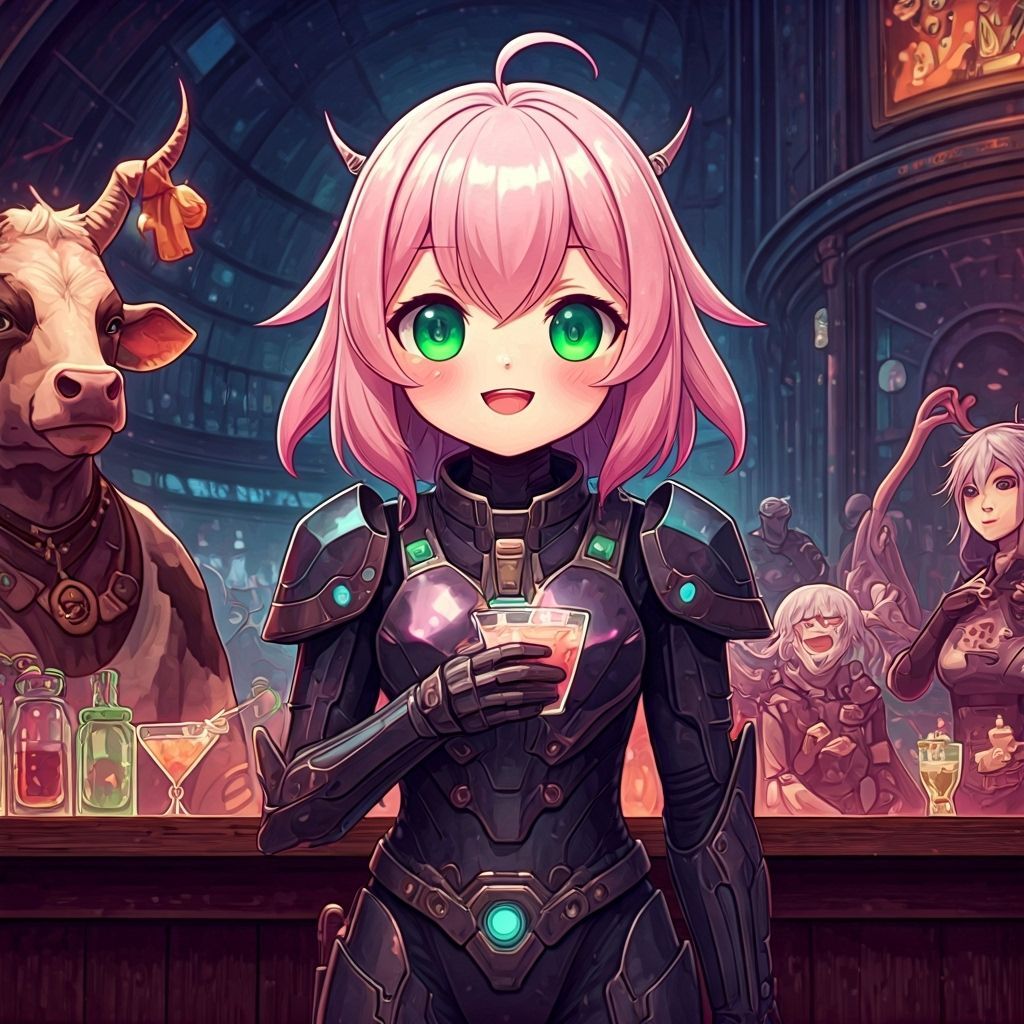 Kawaii Aliens in Sci-Fi Tavern Watercolor Anime Style