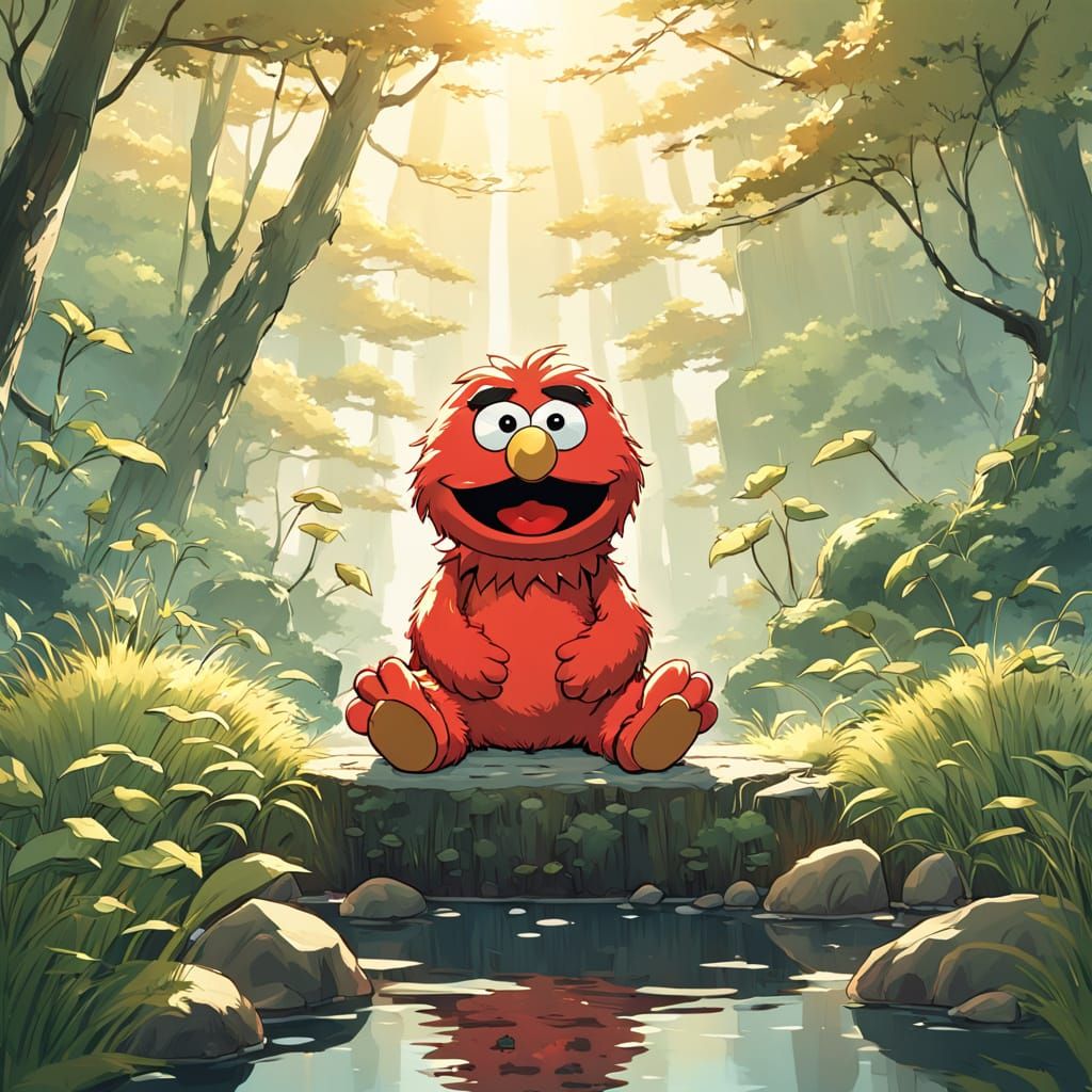 Whimsical Elmo in Serene Nature, Studio Ghibli-Inspired
