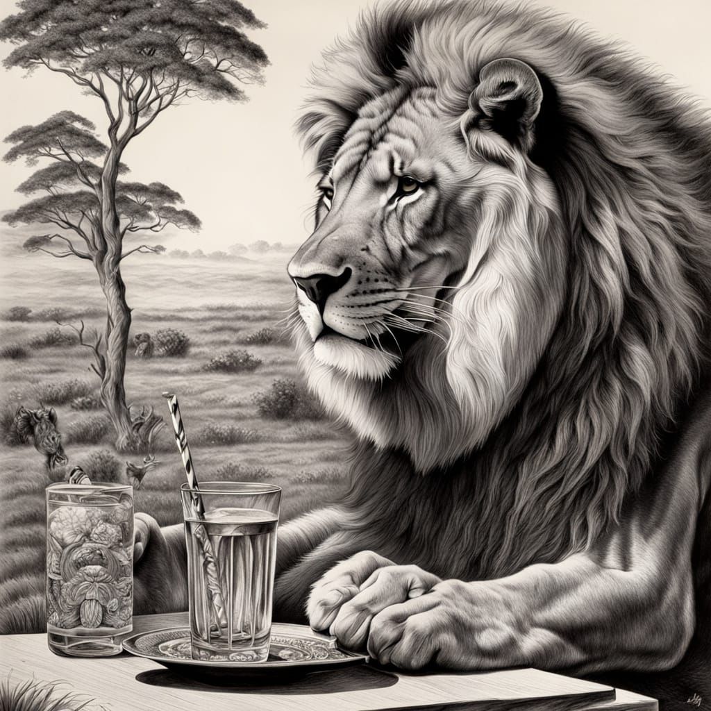 Lion Serves Drink to Zebra in Detailed Pencil Drawing