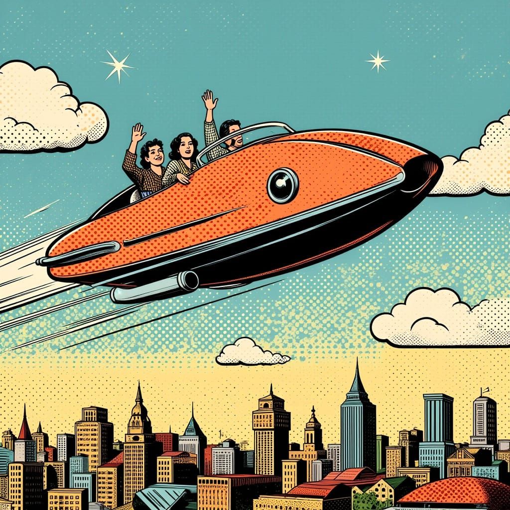 1950s Comic Art: Air-Car Flies Over Retro Metropolis