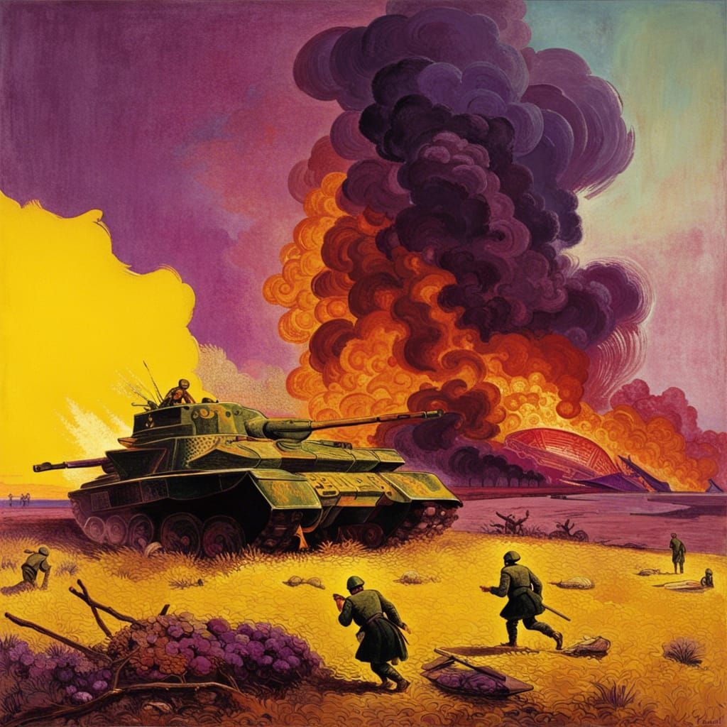 Tank Burns in Field: Ernst-Inspired Retrofuturism