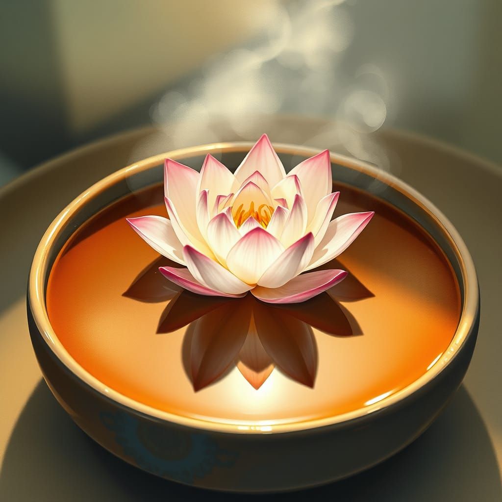 Lotus Flower in Tea, Whimsical Watercolor Style