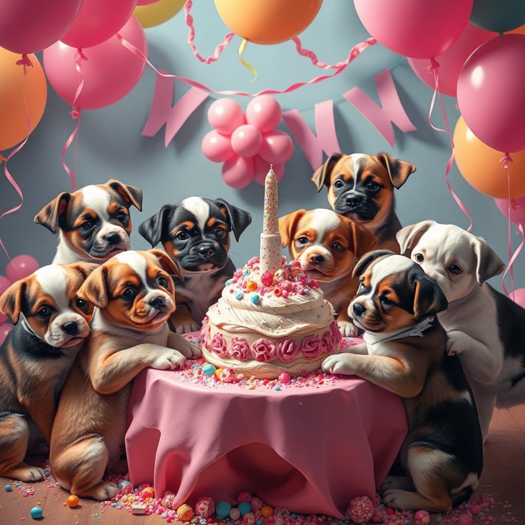 Puppy Birthday Party: Whimsical Concept Art in 8k