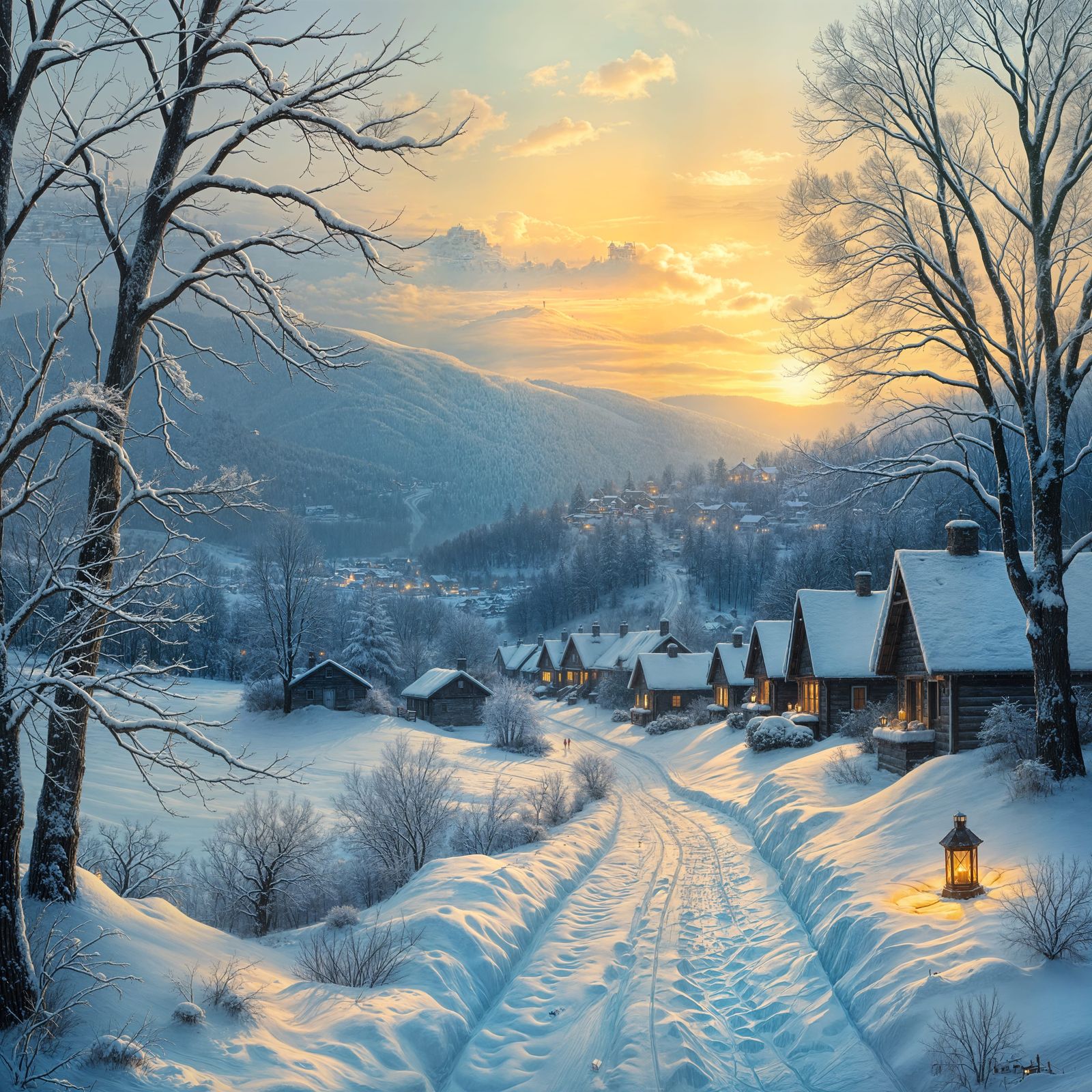 Surreal Winter Landscape with Idyllic Village Oil Painting