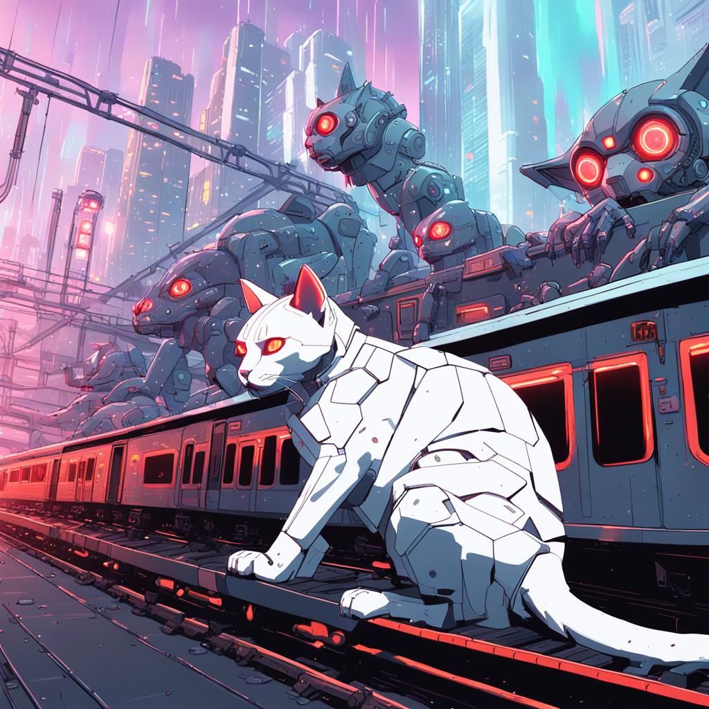 Cyberpunk Cat Cyborg in Neotokyo Train Station