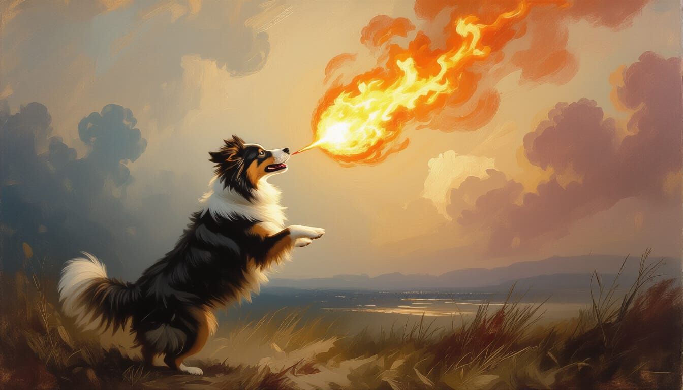 Dog Catches Fireball in Masterpiece Fantasy Artwork