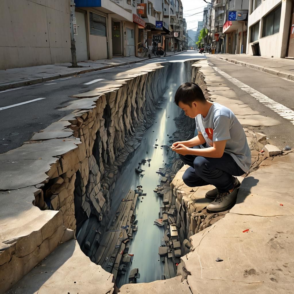 Man and Child on Street: 3D Art with Illusions